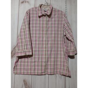 Alia Shirt Womens 14 Pink Brown Plaid Button Up 3/4 Sleeve Slit Cotton‎ Blend